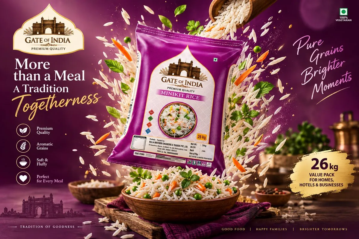 More than a meal, a tradition of togetherness — Gate of India Minikit Rice 26 kg value pack for homes, hotels and businesses.